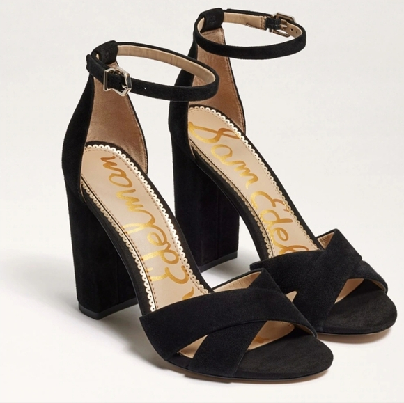{11} Sam Edelman Yancy Block Heel Ankle Strap Sandals in Black Suede - Picture 1 of 16